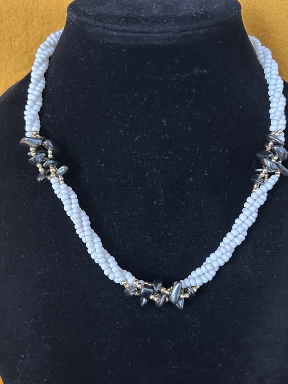 Vintage Beaded White Seed-Beads & Hematite Chip Beads Unbranded like New